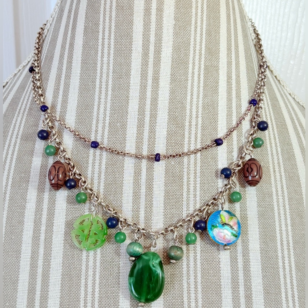 Vintage Robert Rose Asian Jade Cloisonne Pewter Necklace